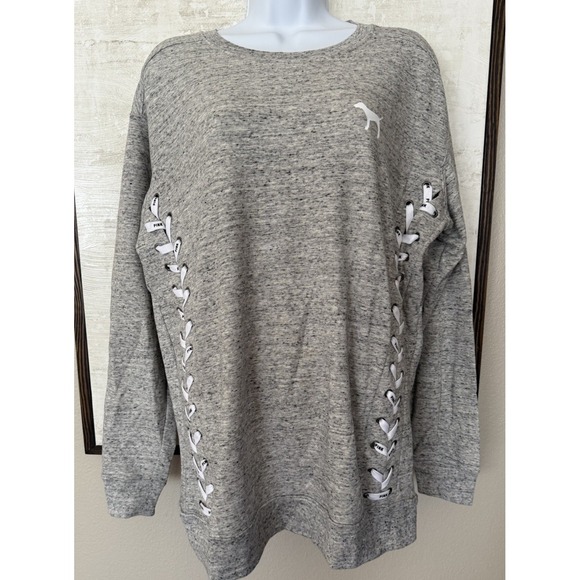 Victoria's Secret Tops - Victoria's Secret PINK Gray Sweatshirt w/Side Laces Size Small Dog Logo NEW TAGS